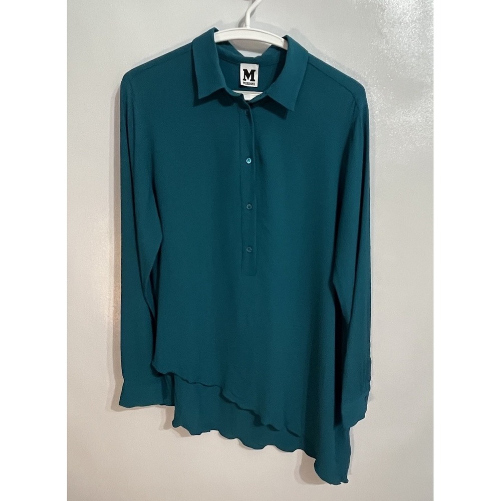 M Missoni IT 42 US 6 Womens Teal Silk Blend Asymmetrical Hem Button Top Tunic